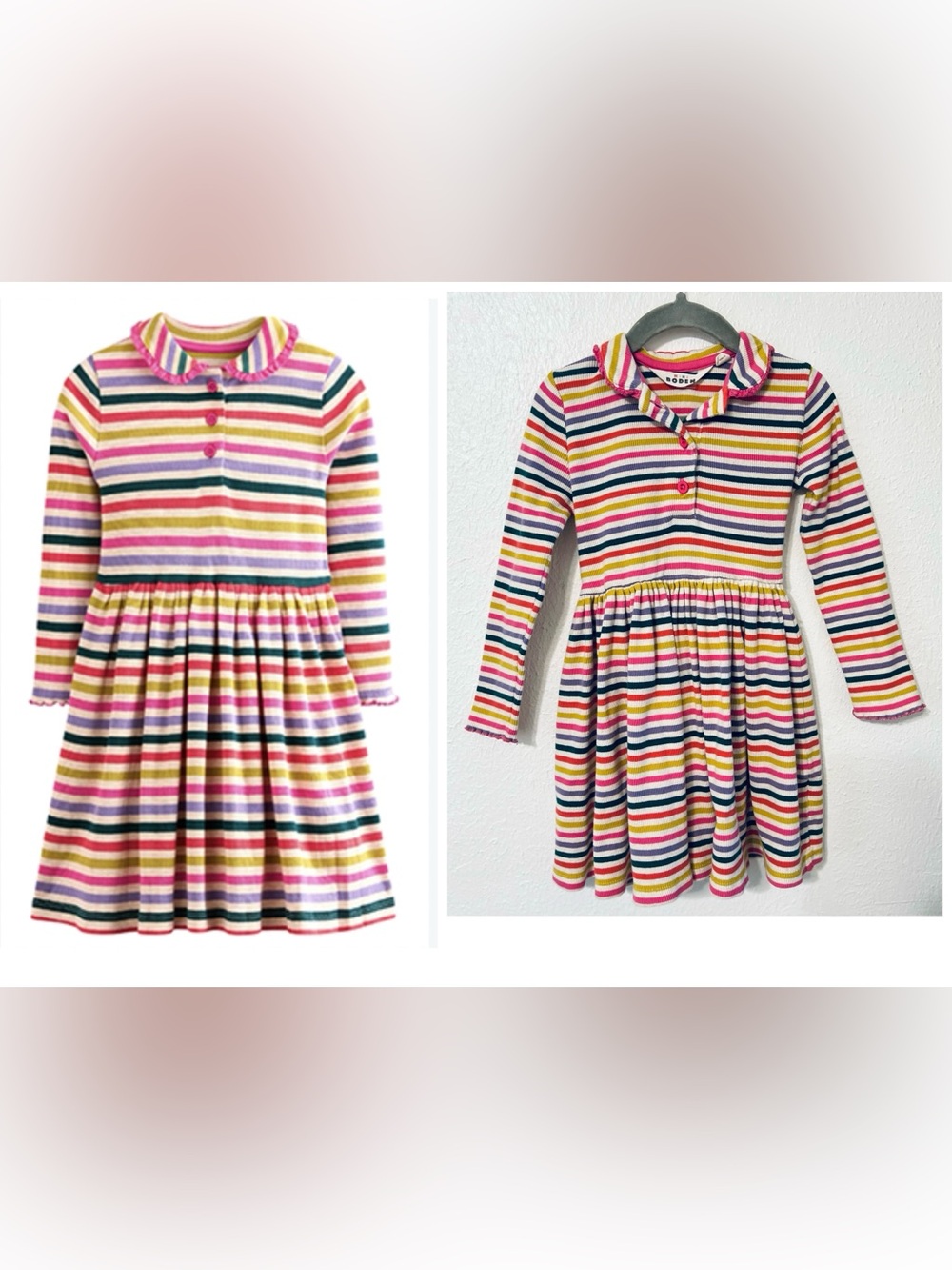 Mini Boden Girls' Striped Long Sleeve Dress - Pink, Yellow, Green, Blue, White
